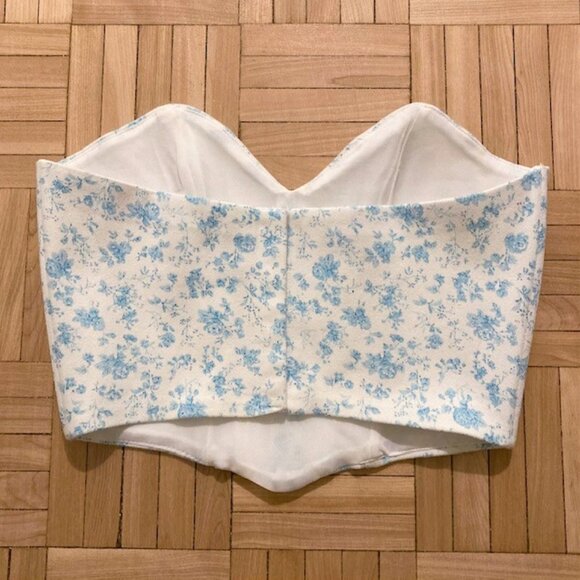 Zara Strapless White Corset Bustier Crop Top with Blue Floral Print - Picture 5 of 6